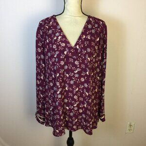Mary Belle Blouse Top Size 2X Womans Plus Purple Floral Print V-neck Long Sleeve